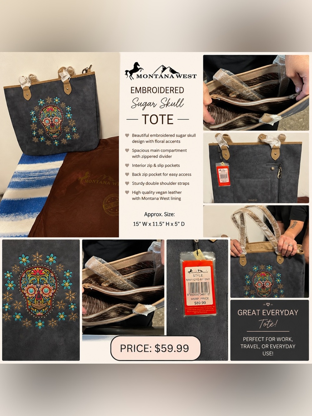 Montana West Black Tote with Multicolor Embroidered Sugar Skull